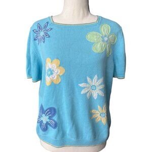 Petite Medium, Spring Embroidered Floral Sweater Teal Daisies, Alfred Dunn